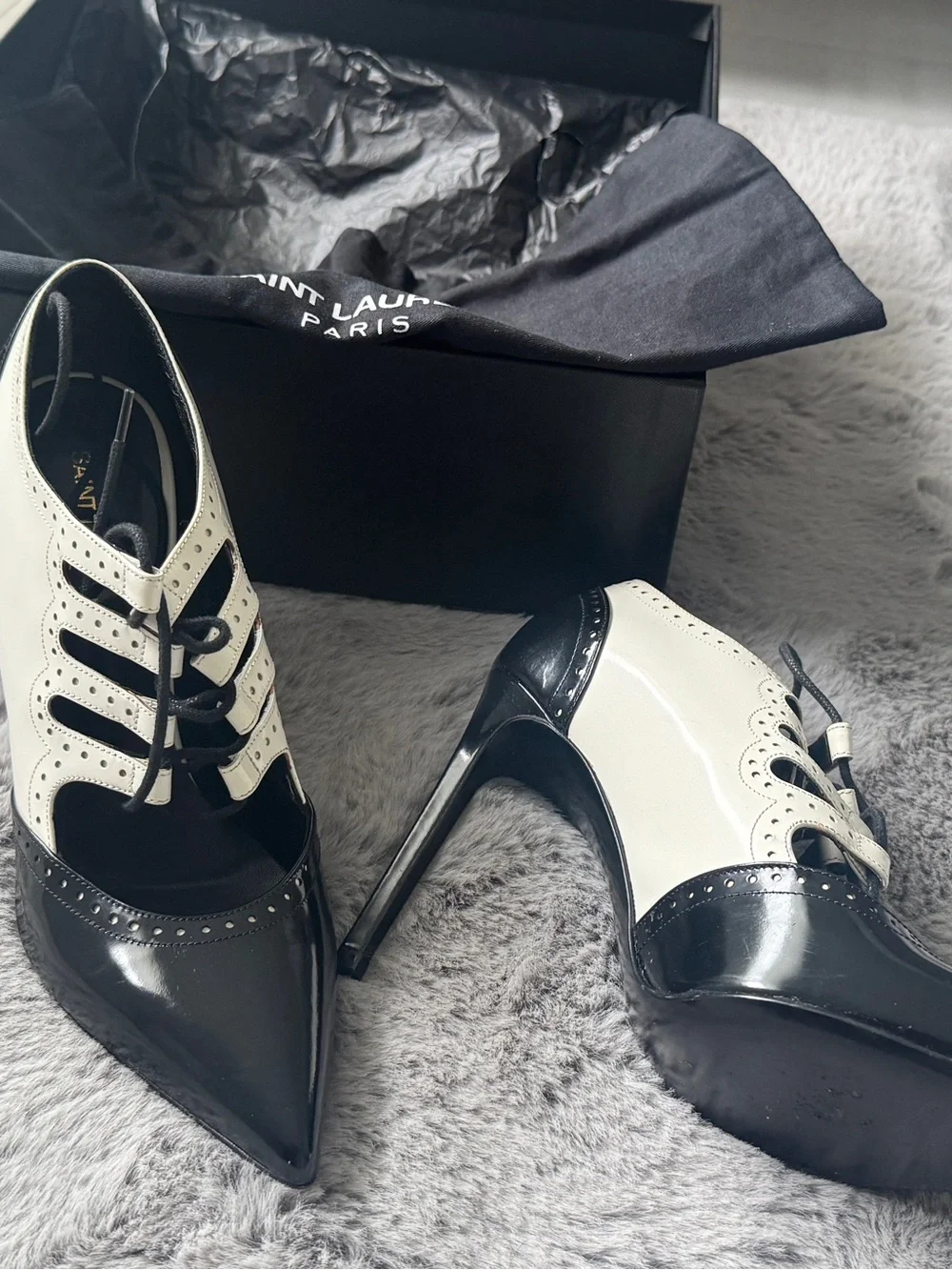 Saint Laurent Black and White Pointed Lace-Up Heels